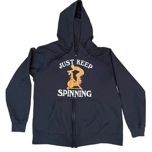 Just keep spinning. Hooded zip up lightweight sweatshirt.